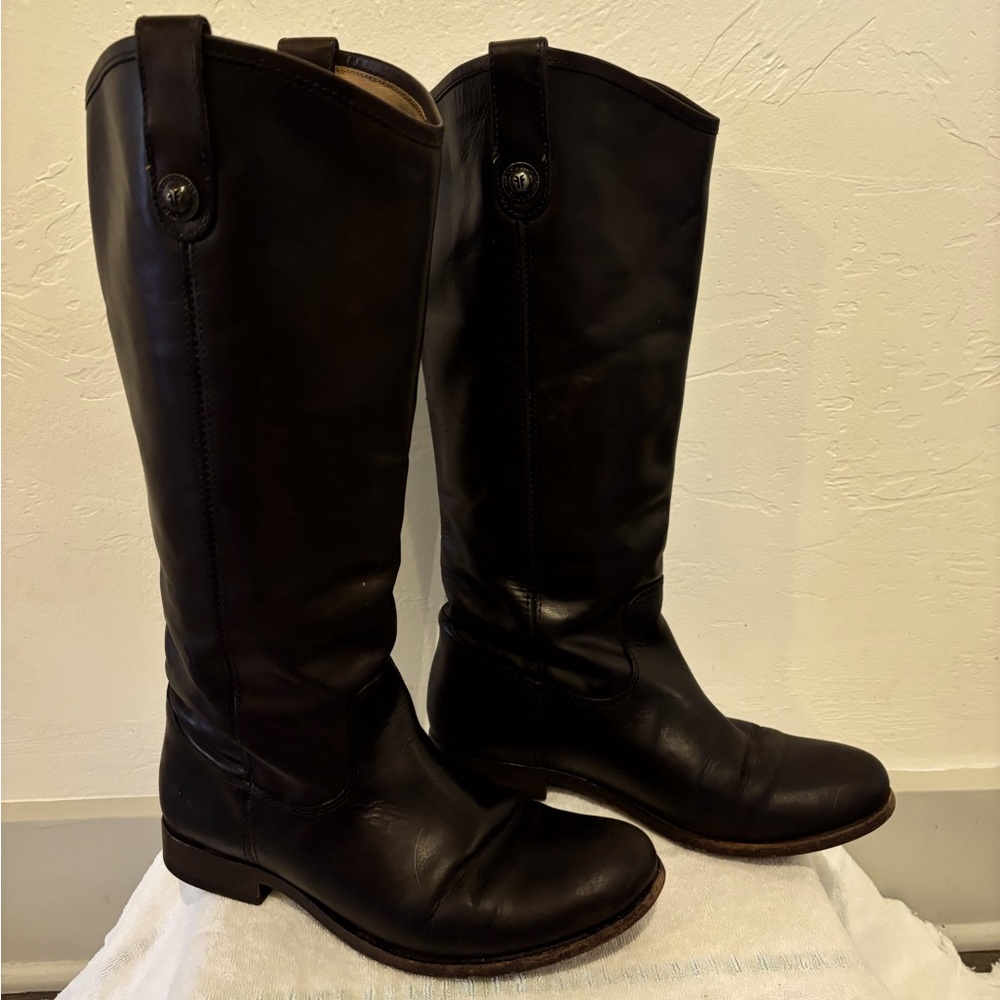 Frye Melissa knee-high leather riding boots, brown, size 8 wide calf.